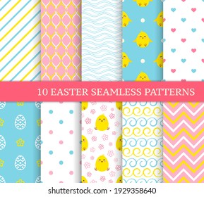 Ten different Easter seamless patterns. Endless texture for wallpaper, fill, web page background, texture. Colorful cute background with Easter chicks, lines and ornate eggs.