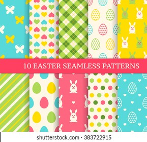 Ten different easter seamless patterns. Endless texture for wallpaper, fill, web page background, texture. Colorful cute background with easter bunny and ornate eggs.