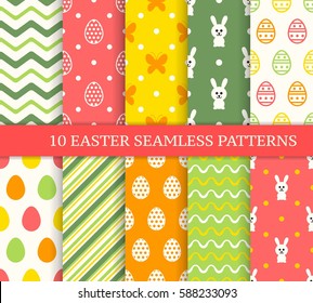 Ten different Easter seamless patterns. Endless texture for wallpaper, fill, web page background, texture. Colorful cute background with Easter bunny and ornate eggs.