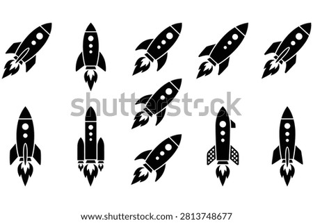 Ten different rocket icons with flames and windows on clear background