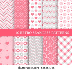 Ten different seamless patterns with hearts, stripes and dots. Pretty and delicate backgrounds. Endless texture for wallpaper, web page background, wrapping paper and etc. Retro style. 
