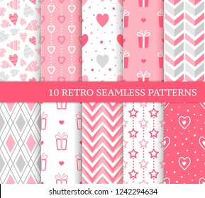 Ten different seamless patterns. Romantic pink backgrounds for Valentine's or wedding day. Endless texture for wallpaper, web page, wrapping paper and etc. Retro love style. Zigzag, gift and heart