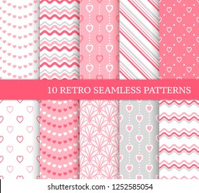 Ten different seamless patterns. Romantic pink backgrounds for Valentine's or wedding day. Endless texture for wallpaper, web page, wrapping paper and etc. Retro love style. Waves, flowers and hearts