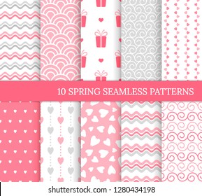 Ten different seamless patterns. Romantic pink backgrounds for Valentine's or wedding day. Endless texture for wallpaper, web page, wrapping paper and etc. Retro love style. Wave, gift, curl, heart