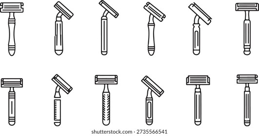 Diez estilos diferentes de cuchillas de afeitar en blanco y negro en una fila de afeitadoras línea de herramientas de aseo
