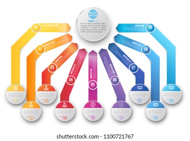 Ten different ways arrows pointed to one finish target or goal, from different starting position. Vector infographics template on white background