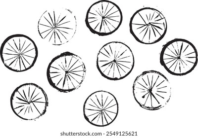 Dez rodas diferentes com raios desenhados em tinta preta