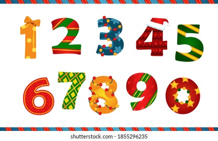 Ten digits. Collection of new year's numbers. Christmas figures. Color image.