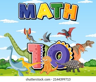 Ten dinosaurs with number ten cartoon illustration