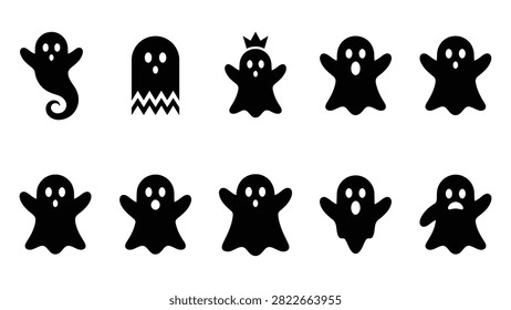 Ten distinct ghost silhouettes including crowned spirits and jagged sheet designs isolated on white background. Ideal collection for halloween theme decorations spooky event invitations apparel prints and creative digital design projects featuring supernatural entities.