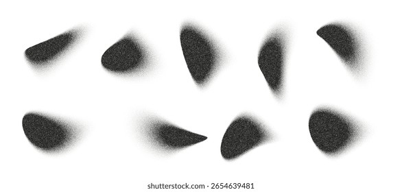 Ten distinct noise liquid shape forms are rendered with soft, stippled edges. These amorphous black forms are arranged across a bright white background, allowing for versatile design elements.