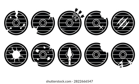 Ten distinct viking shield icons showcasing various stages of battle damage. Cracked wood, broken edges, and splintered planks are depicted. Ideal for game assets and historical themes.