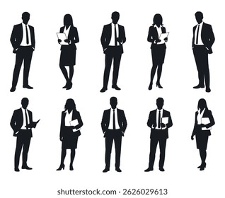 Dez profissionais de negócios diversos, cinco homens e cinco mulheres, retratados como silhuetas elegantes contra um fundo branco.