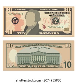 Ten dollar bill, 10 US dollars banknote, from obverse and reverse. Simplified vector illustration of USD isolated on a white background