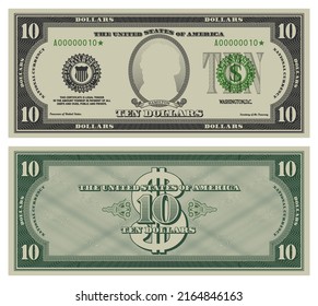 Ten dollars banknote. Gray obverse and green reverse fictional US paper money in style of vintage american cash. Frame with guilloche mesh and bank seals. Hamilton