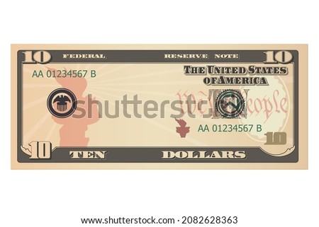 Ten dollars without a portrait of Hamilton. 10 us dollars banknote. Template or mock up for a souvenir. Vector illustration isolated on a white background