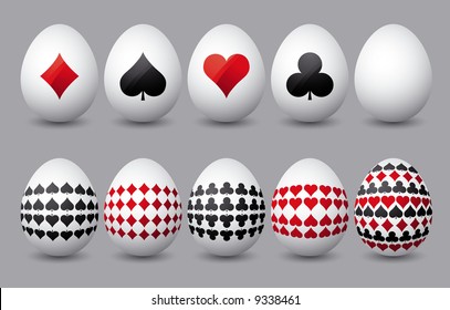 Ten easter eggs with cards symbols over grey background