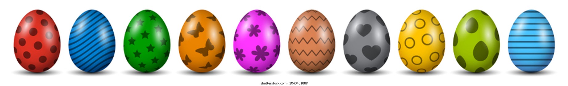 Ten Easter eggs, collection of colored eggs, Easter symbol - stock vector