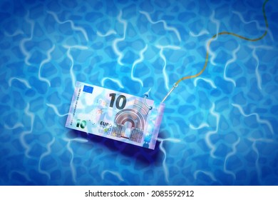 Ten euro banknote on glossy silver metal fishing hook in a blue shiny water, fraud concept illustration