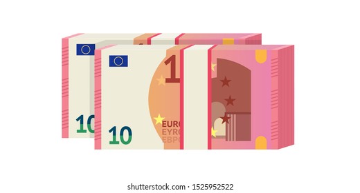 Ten euro banknotes flat vector illustration. EU money, cash packs isolated on white background. Official European Union currency, 10 EUR. Salary payment, revenue, savings, financial profit symbol