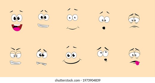 Ten expressions of funny cartoon emotions. A collection of faces with different expressions. Vector illustration.