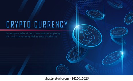 ten famous cryptocurrency coins 3D flying artwork with texts , Vector 