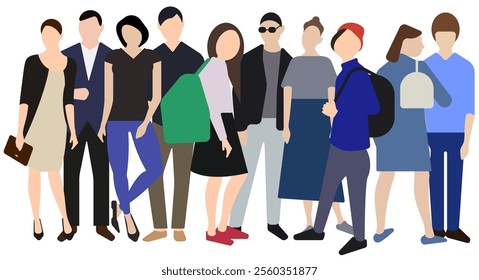 Ten fictional characters, men and women, a dense mixed crowd. Flat vector illustration isolated on white background.