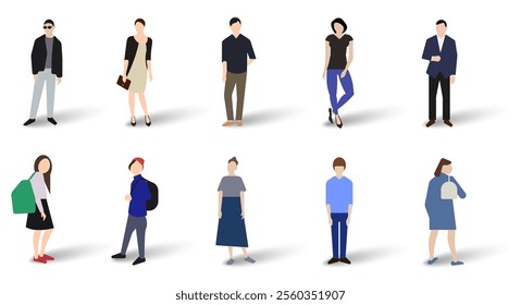 Ten fictional characters, men and women, a mixed group. Flat vector illustration isolated on white background.