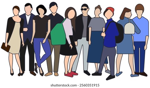 Ten fictional characters with outlines, men and women, a dense mixed crowd. Flat vector illustration isolated on white background.