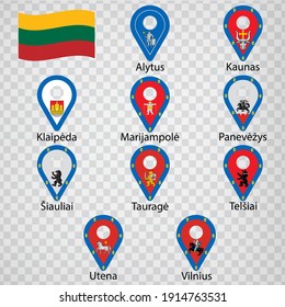 Ten flags the Counties of Lithuania -  alphabetical order with name.  Set of 2d geolocation signs like flags Counties of Lithuania.  Ten one 2d geolocation signs for your design. EPS10