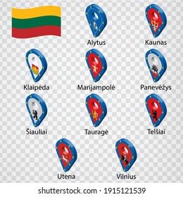 Ten flags the Counties of Lithuania -  alphabetical order with name.  Set of 3d geolocation signs like flags Counties of Lithuania.  Ten one 3d geolocation signs for your design. EPS10