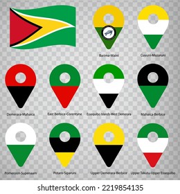 Ten flags of  Guyana - alphabetical order with name. Set of 2d geolocation signs like flags Regions of  Guyana. Ten 2d geolocation signs for your design. Republic of Guyana. EPS 10.

