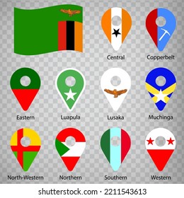 Ten flags the Provinces of Zambia  - alphabetical order with name.  Set of 2d geolocation signs like flags Regions of  Zambia. Ten  2d geolocation signs for your design. EPS10
