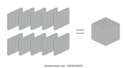 Ten flats equals one cube. Names and examples. Learning about base ten blocks. Flats longs squares in mathematics. Scientific resources for teachers and students. Vector illustration.