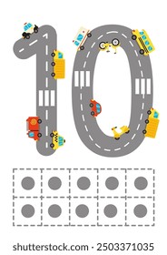 Diez cuadros con la hoja de cálculo número 10. Números de carretera. Juego de niños. Aprendiendo números. Ilustración vectorial.