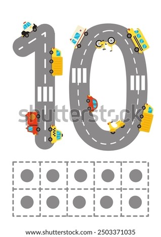 Ten frame with number 10 worksheet. Road numbers. Children game. Learning numerals. Vector illustration.