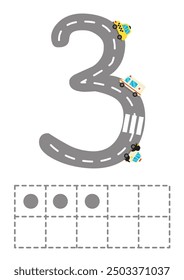 Diez cuadros con la hoja de cálculo número 3. Números de carretera. Juego de niños. Aprendiendo números. Ilustración vectorial.