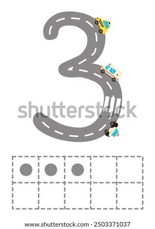 Ten frame with number 3 worksheet. Road numbers. Children game. Learning numerals. Vector illustration.