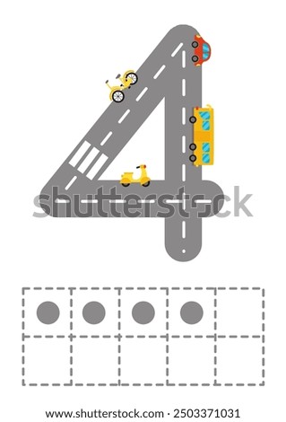 Ten frame with number 4 worksheet. Road numbers. Children game. Learning numerals. Vector illustration.