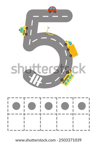 Ten frame with number 5 worksheet. Road numbers. Children game. Learning numerals. Vector illustration.