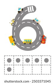 Diez cuadros con la hoja de cálculo número 6. Números de carretera. Juego de niños. Aprendiendo números. Ilustración vectorial.