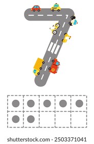 Diez cuadros con la hoja de cálculo número 7. Números de carretera. Juego de niños. Aprendiendo números. Ilustración vectorial.