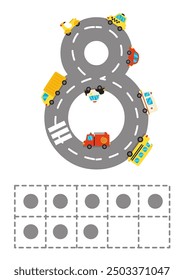 Diez cuadros con la hoja de cálculo número 8. Números de carretera. Juego de niños. Aprendiendo números. Ilustración vectorial.