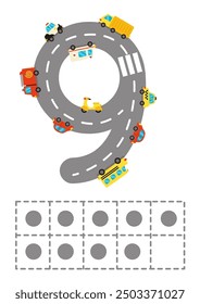 Hoja de trabajo número 9 de diez fotogramas. Números de carretera. Juego de niños. Aprendiendo números. Ilustración vectorial.