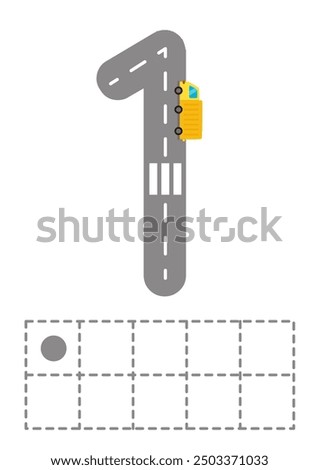 Ten frames with number one. Road numbers. Children game. Learning numerals. Vector illustration.