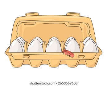 Diez huevos de pollo frescos crudos en una caja de cartón verde aislado sobre fondo blanco. Alimentación saludable o concepto fresco de la granja, proteína. Diseño brillante y limpio, Ilustración vectorial mínima.