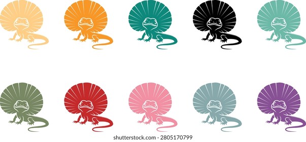 Ten Frilled Lizard Silhouettes in Various Colors reptile