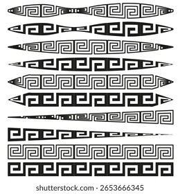 Dez fronteiras gregas. Padrão médio definido. Enfeites de linha geométrica. Elementos decorativos vetoriais. EPS 10.