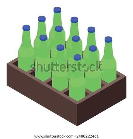 Ten green bottles with blue caps are standing upright inside a brown wooden crate