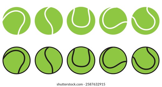 Ten Green tennis ball collection vector isolated on white, simple tennis ball for logo, app.